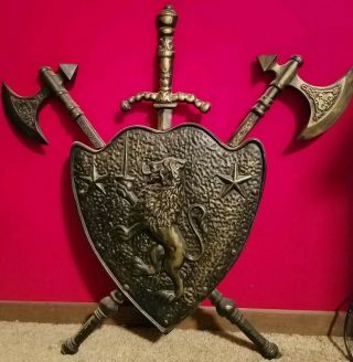 Vintage Shield Medieval Wall Plaque Decor Coat Of Arms Lion,  Shield,  Sword,  Axes