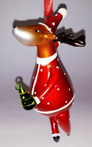 Rare Blown Glass Dancing Reindeer Christmas Ornament Ballet Santa Hat Suit Tree