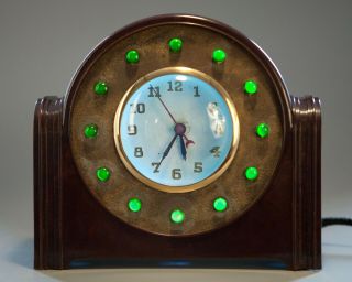 Vintage 1940s Art Deco Bakelite Lackner " Sultan " Green Jewel Neon Glo Clock