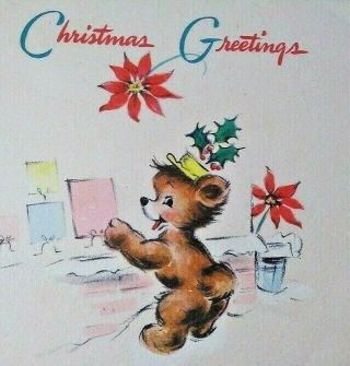 Vintage 1950s Style Retro Hallmark Christmas Card Anthropomorphic Bears Holly