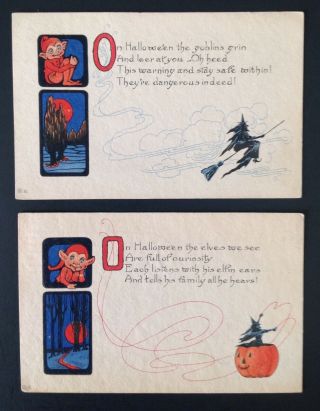 Vintage Nash Halloween Postcards (2) Series 20a - Elves,  Royal Blue Insets - Unique