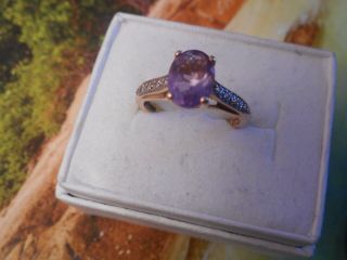 Vintage 14k Gold 8x6mm 1.  25ct Oval Cut Amethyst And Diamonds Accent Ring Sz 5.  25