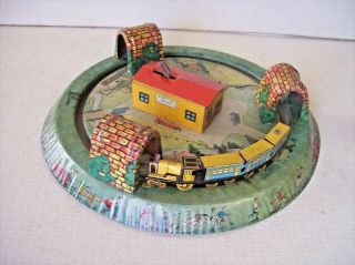 Vintage Louis Marx Tin Litho Wind - Up Miniature Table Top Train Set