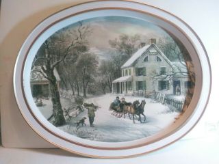 Vintage Round Metal Serving Tray,  Currier And Ives,  American Homestead - Winter