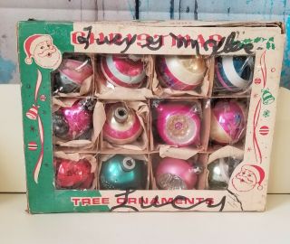 Set Of 12 Vintage Hand Blown Glass Christmas Tree Ornament Box