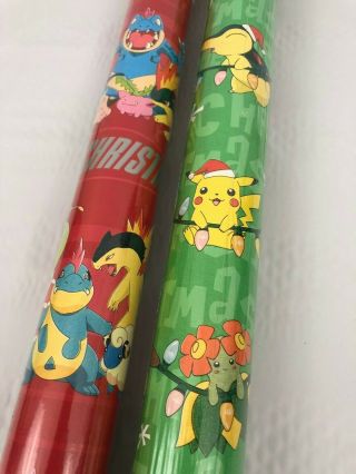 (2) Nos Vintage Pokemon Christmas Gift Wrap Rolls Pikachu By Nintendo 2000 Rare