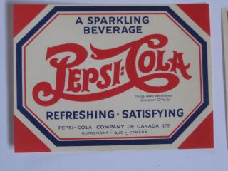 Pepsi Cola NOS Double Dot Paper Label Soda Pop Bottle Canada 1940s 30s 2