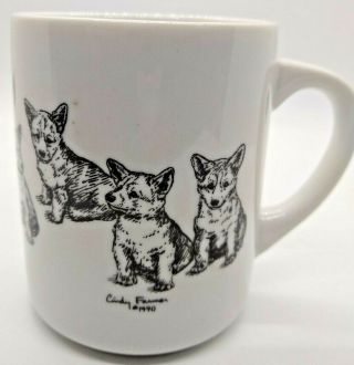 Vintage Cindy Farmer 1990 Corgi Puppy Dog Coffee Cup Mug Black & White Corgis