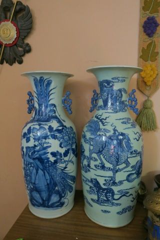 Set Of 2 Vintage Large 22 " Blue And White Chinese Porcelain Vase Foo Dog
