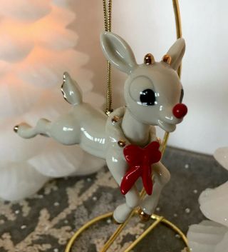 Lenox Rudolph Ornament 2002 W Red Nose And Red Ribbon On Wreath