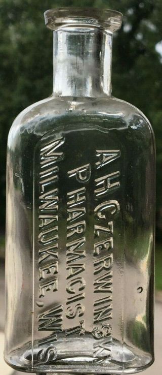 Hand Blown Bottle A.  H.  Czerwinski Pharmacist Milwaukee Wis Wisconsin Wi