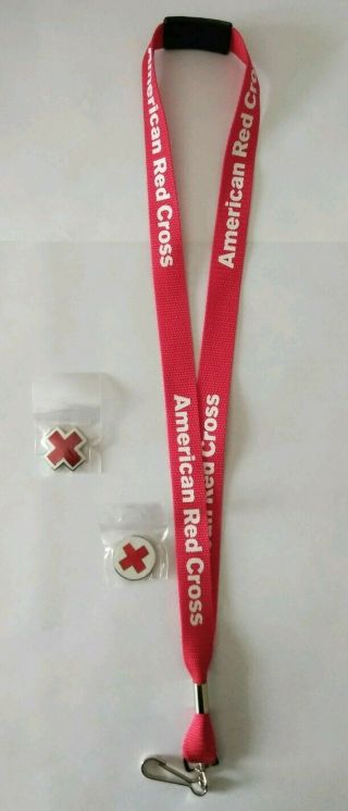American Red Cross Volunteer Swag Lanyard Badge Id Holder W/ 2 Colossian Pins