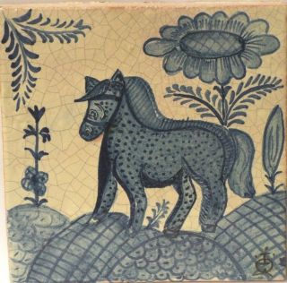 Mexican Vintage Mural - Shabby White & Blue Majolica Horse Tile - Hacienda Decor