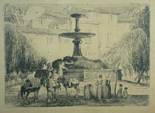 Edvard Petersen,  Etching.  From An Italian Town Square.  Dated 1886