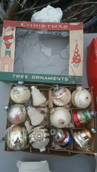 Vtg Box 12 Mixed Mercury Glass Christmas Tree Ornaments Old Indents Bells Rare