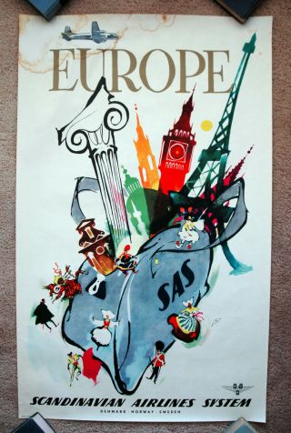 Vintage 1950s Europe - Sas Airlines Travel Poster Tourism Train Art