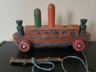 Vintage 1949 Holgate Noah ' s Ark 135 Wood Pull Toy With 4 Pegs 2