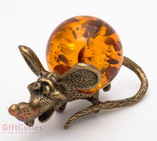 Solid Brass Amber Figurine Of Mouse Mice Rat With Big Smile Ironwork