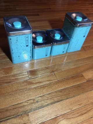 Vintage Lincoln Beautyware Canister Set Aqua Turquoise 4 Canisters Plus Lids