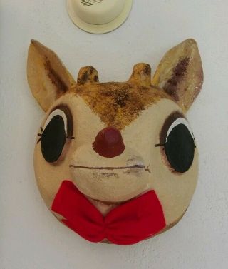 Vintage Paper Mache Rudolph The Red Nose Reindeer Head,  Christmas Decoration,