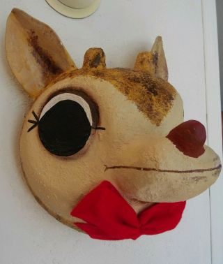 Vintage Paper Mache Rudolph The Red Nose Reindeer Head,  Christmas Decoration, 2