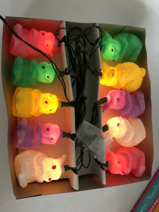 Vintage 10 Easter Bunny Blow Mold String Lights Decorations Multi Color W/ Box
