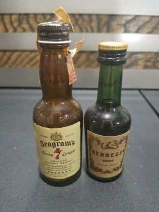 2 Vintage Miniature Glass Bottles Seagram 