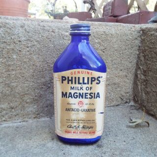 Vintage Cobalt Blue Phillips Milk Of Magnesia 12oz Bottle With Label