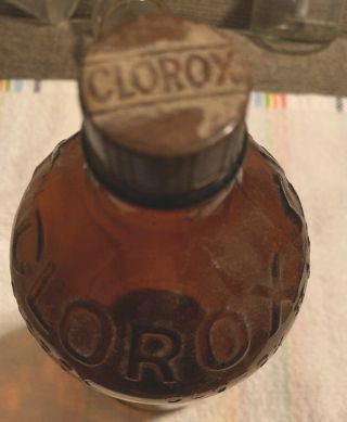Vintage 1949 Clorox Amber Brown Embossed 16oz Glass Bottle With Lid Antique