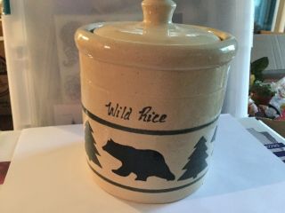Pottery Jar W/ Lid - Bears And Pine Trees And Wild Rice Written On The Front