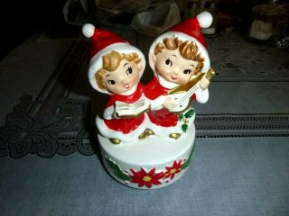 Vintage Made Japan Ceramic Girl Boy Santa Hat Music Box,  Jingle Bells