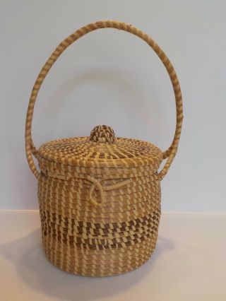 Vintage Large Round Gullah South Carolina Sweetgrass Basket With Lid Lidded