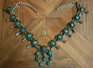 Vintage Navajo Turquoise Squash Blossom Necklace Sterling Silver 27 " 283gm Huge