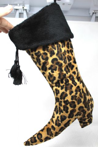 Christmas Stocking Leopard Cheetah Print Ladies Boot Black Brown Gold 17 " D - 5