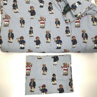 Vtg Ralph Lauren Comforter Teddy Bear Twin With Sham Made Usa Polo Blue Stripe