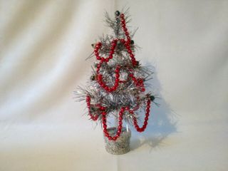 Vintage Aluminum Christmas Tree 12 Inch Tall One Piece,  Red Glass Beads And Box