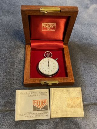 Vintage Heuer Swiss 7 Jewel - 1/100th Minute Stopwatch With Wood Box -