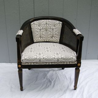 Vintage Mcm Barell Back Lounge Chair With Caned Sides And Upholstery