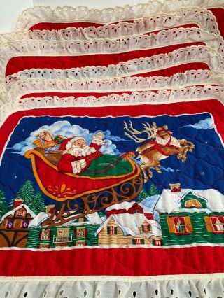 Homemade Holiday Christmas Placemats Santa Sleigh Reindeer Colorful Vtg Set 6