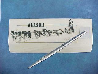 1979 Alaska Ball Point Ink Pen Desk Set Etched Crystalline Cultured Marble
