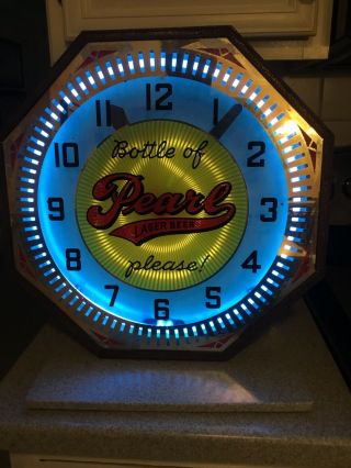 Vintage 1940’s Pearl Lager Beer Neon Spinner Lighted Advertising Clock