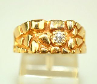Vintage Mens 14k Yellow Gold Nugget Ring W/ 5 Point Diamond 10.  7 Grams Size 8.  75