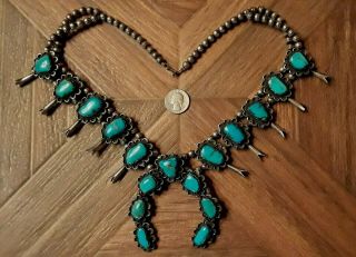 Vintage Navajo Turquoise Squash Blossom Necklace Sterling 24 " 245g Gorgeous Huge