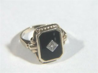 Vintage Ca 1950 Rothman & Schneider 10k Gold Black Onyx Diamond Ring Size 5 - 3/4