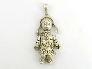 Vintage Sterling Silver Pendant Large Rag Doll Dolly Girl With Plaits And Beads