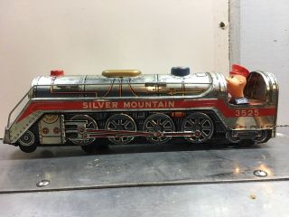 Vintage Silver Mountain Flash Train Engine Battery Tin Toy