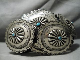Huge Vintage Navajo Hand Tooled Sterling Silver Turquoise Concho Belt