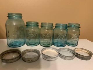 Set Of 5 Antique Aqua Blue Mason Jars With Milk Glass Lids