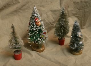 4 Vintage Miniature Bottle Brush Christmas Trees For Train Set Railroad Holiday