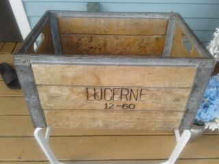 Vintage Lucerne Dairy Products Wooden Milk Crate Box Metal Reinforced Case 1960